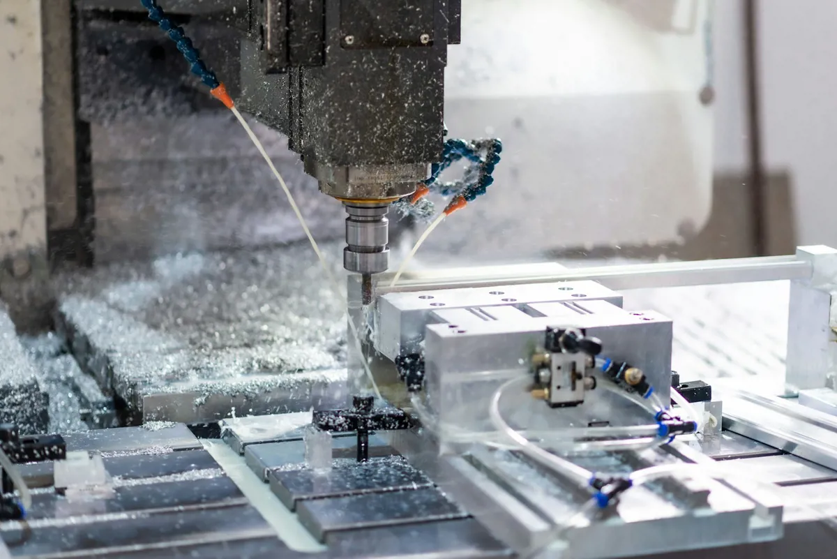 CNC-Fräsmaschine bearbeitet ein Aluminiumwerkstück, Kühlschmierstoff und Späne spritzen